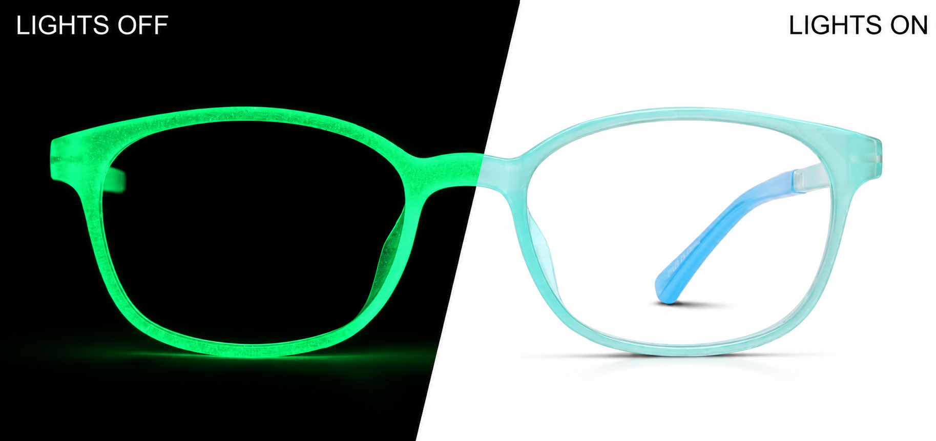 Blue/Green Glow Kids’ Glow-in-the-Dark Rectangle Glasses · Blue/Green Glow · front
