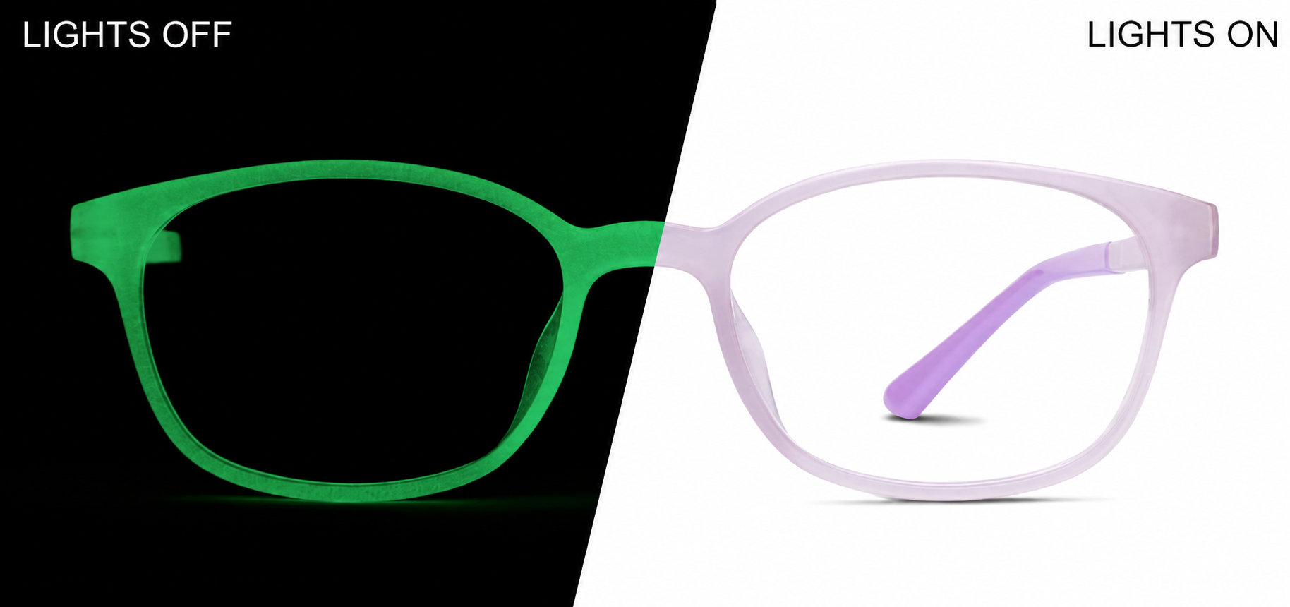 Purple/ Green Glow Kids' Glow-in-the-Dark Rectangle Glasses · Purple/ Green Glow · reference