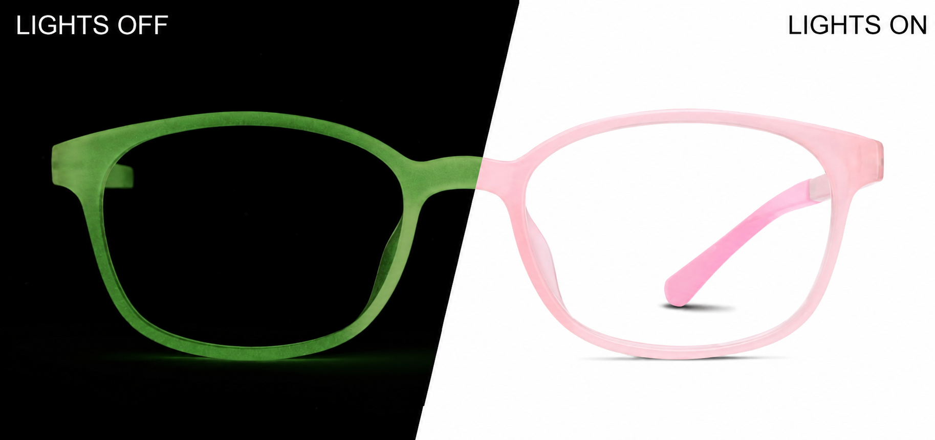 Pink/ Green Glow Kids' Glow-in-the-Dark Rectangle Glasses · Pink/ Green Glow · reference